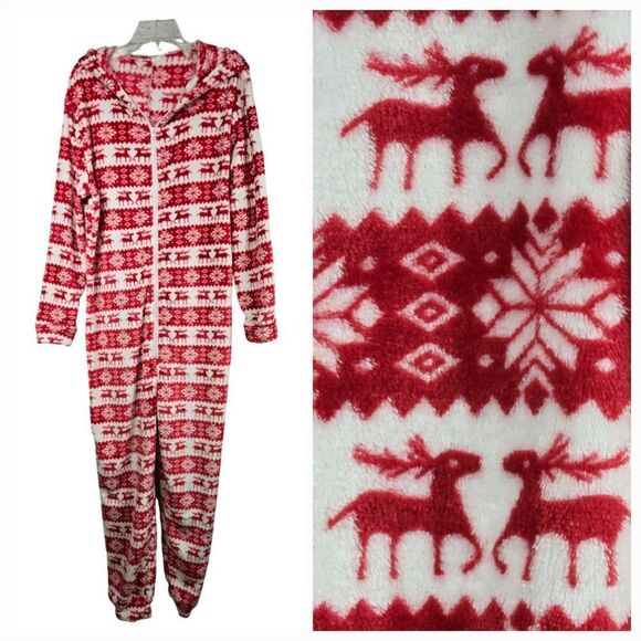 Reindeer Adult Onesie Furry Holiday Hooded Union Suit 1pc Pajama Sleepwear PJs - Picture 1 of 12